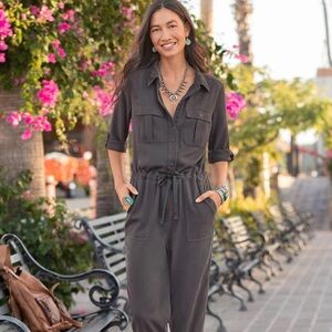 SUNDANCE ALL ROADS GRAPHITE JUMPSUIT‎ ROMPER BUTTON FRONT POCKETS DRAWSTRING EUC